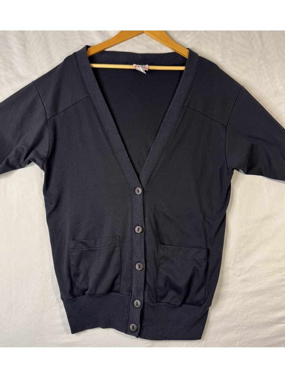 Vintage Simple Addition Cardigan Sweater M Navy Button Front 80s